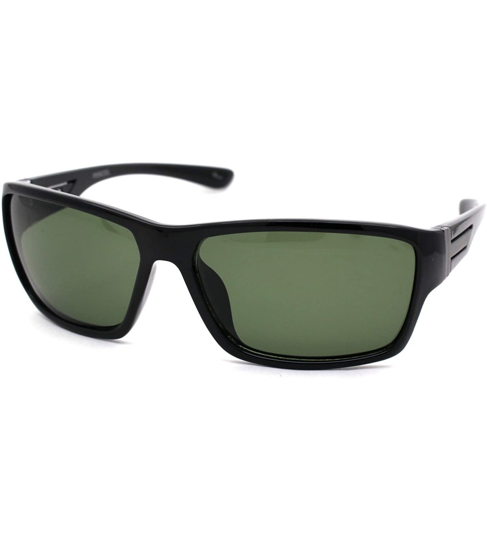 Square Mens Green Tempered Glass Lens Warp Rectangular Sunglasses - Shiny Black - CT18A9IHR75 $18.89