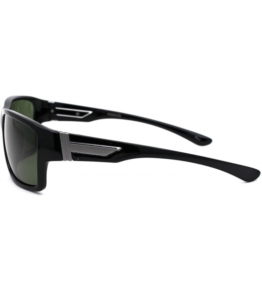 Square Mens Green Tempered Glass Lens Warp Rectangular Sunglasses - Shiny Black - CT18A9IHR75 $18.89