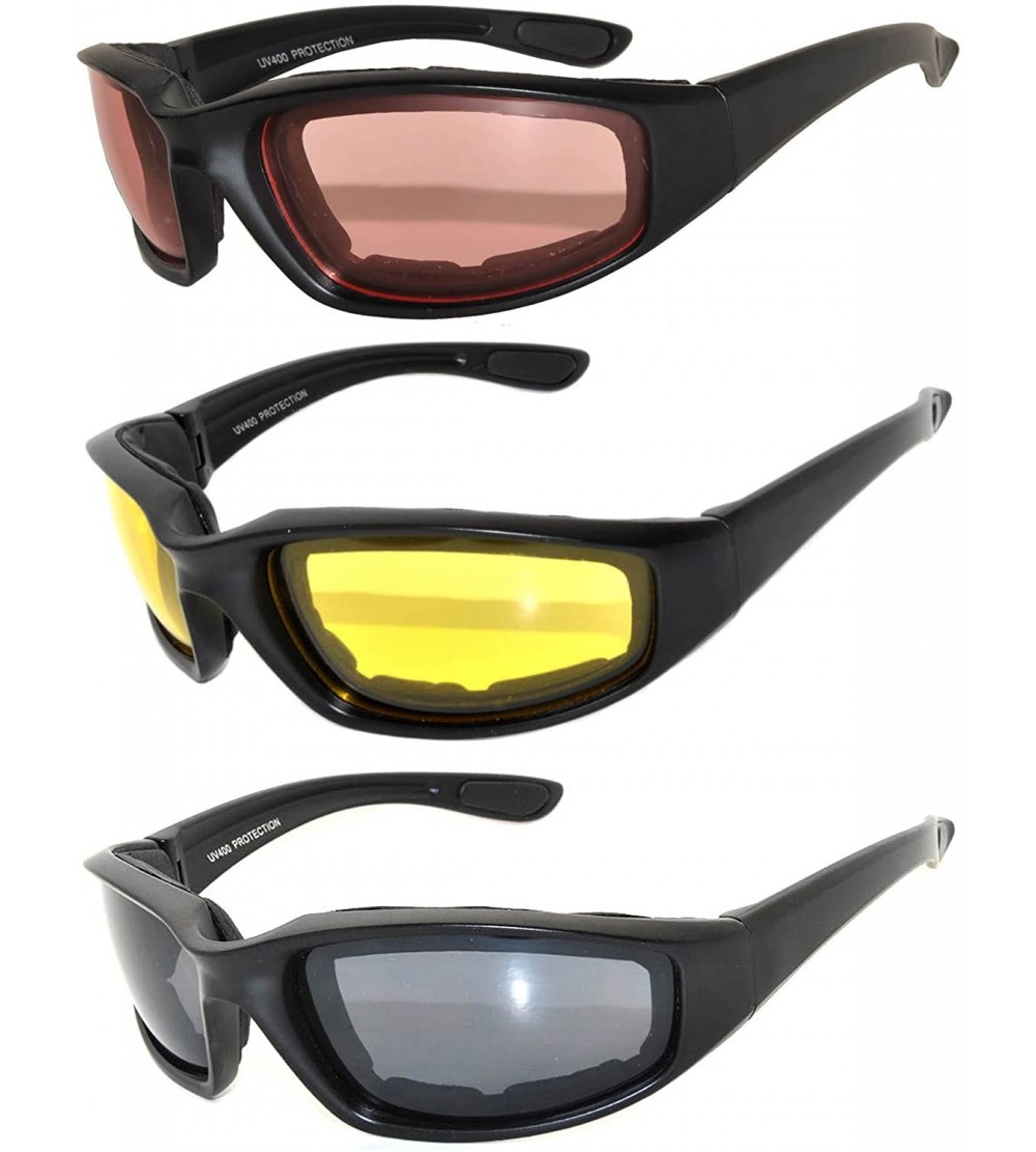 Goggle Set of 3 Pairs Motorcycle Padded Foam Glasses Smoke Yellow or Clear Lens - Blk_am_sm_yel - CB12NYK23AO $19.21