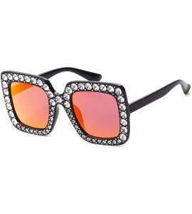 Square Oversized Sunglasses For Women Square Sunglasses With Rhinestone - Red Mirrored Lens - C5189O8K9MW $18.55