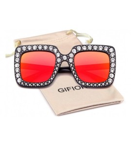 Square Oversized Sunglasses For Women Square Sunglasses With Rhinestone - Red Mirrored Lens - C5189O8K9MW $18.55