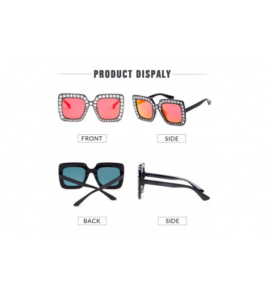 Square Oversized Sunglasses For Women Square Sunglasses With Rhinestone - Red Mirrored Lens - C5189O8K9MW $18.55