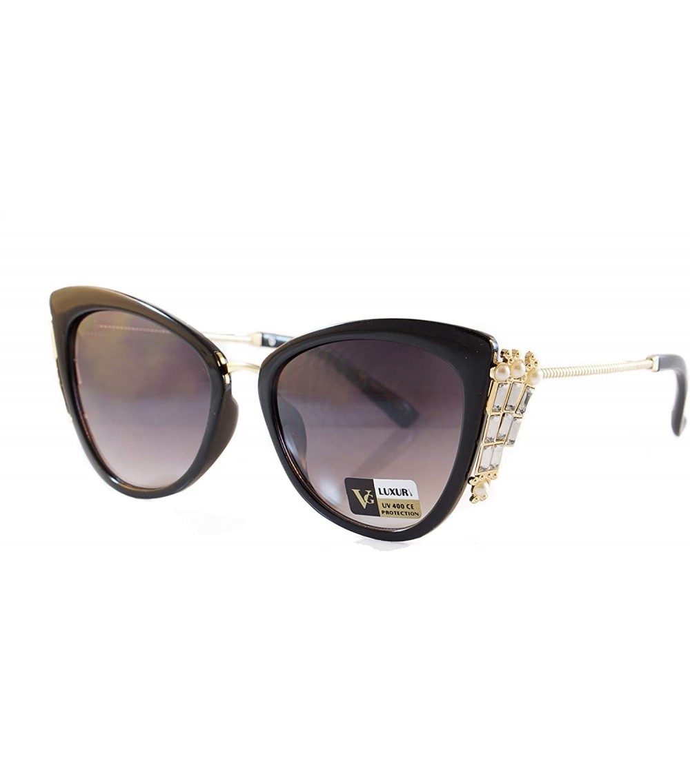 Oversized Side Rhinestone Pearl Metal Iced-Out Jewel Temple Cat-Eye Sunglasses A229 - Black Black - CX18HYZ3CUL $25.35