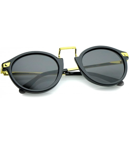 Round Retro Horn Rimmed Metal Nose Bridge P3 Round Sunglasses 50mm - Shiny Black-gold / Smoke - CL12OB05CXA $20.51