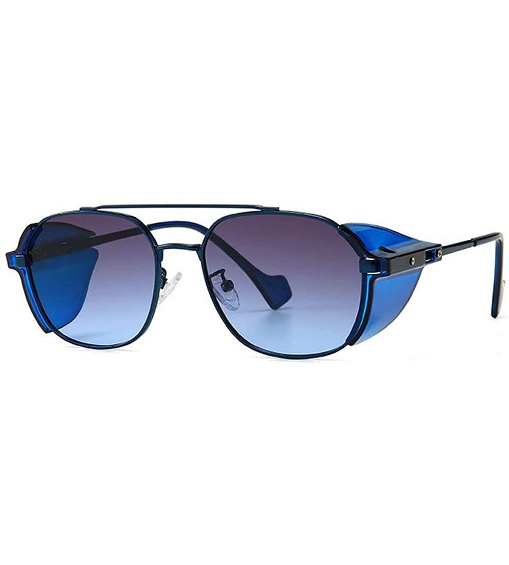 Shield Vintage Punk Sunglasses Men Women Windproof Shield Visor 2020 Fashion Double Beam Metal Round Sunglasses - Blue - CL19...