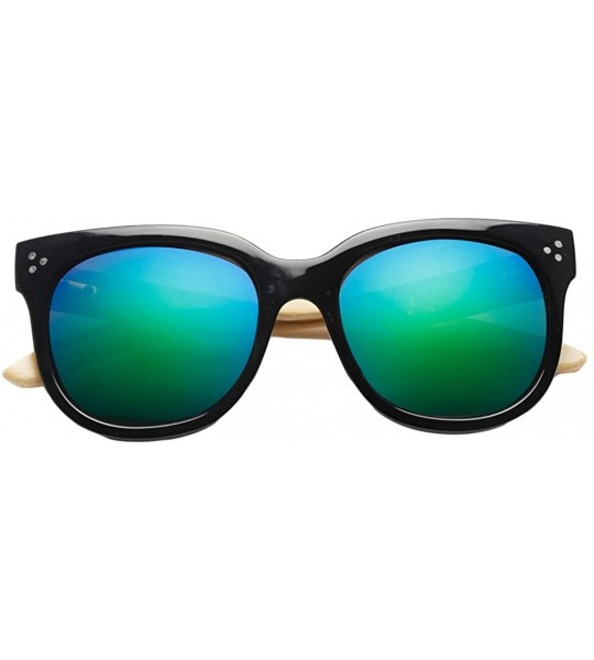 Square Wooden Bamboo Temples Round Vintage Oversized Sunglasses UV400 64mm - Black/Green - CH12EMXXOFZ $26.28