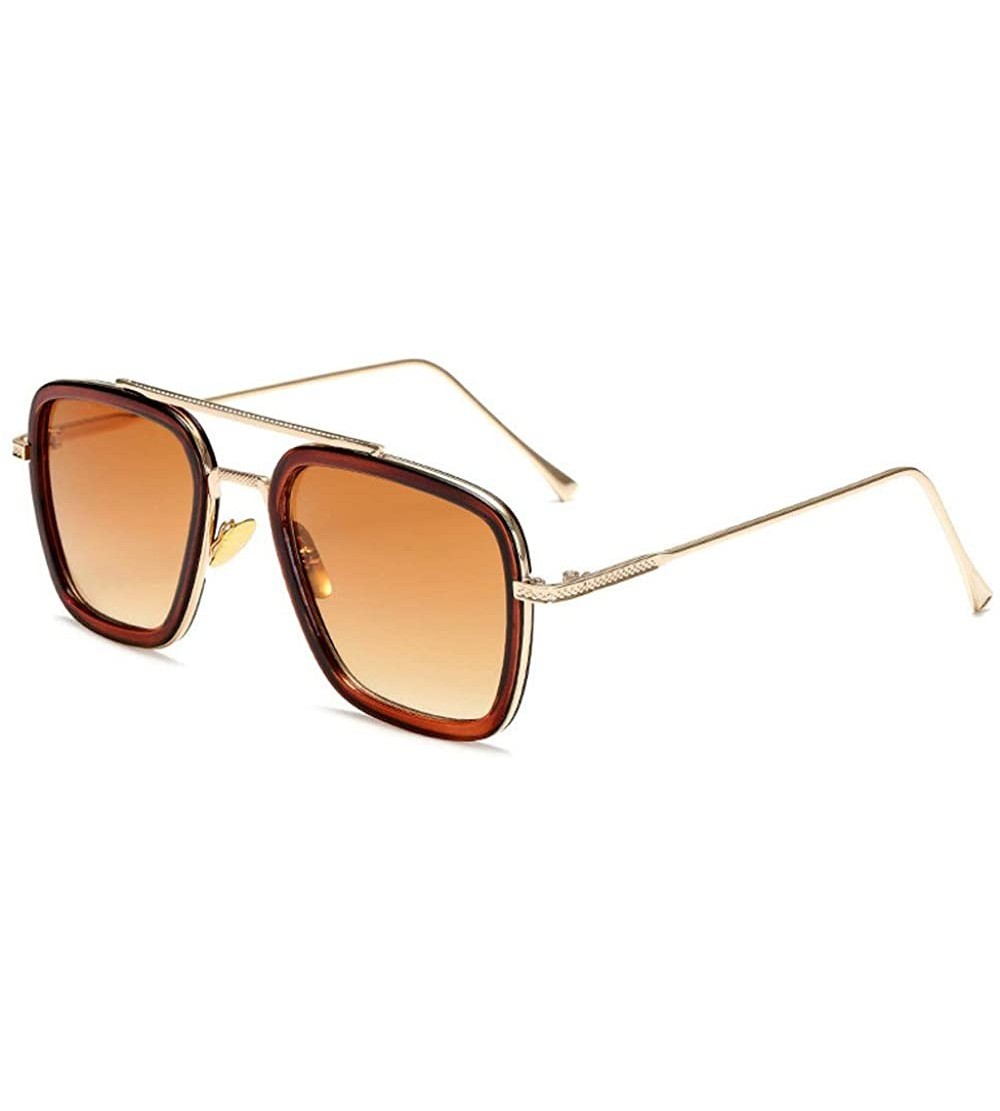 Square Ladies Fashion Trend Square Metal frame Glasses Brand Designer Men Double beam Sunglasses - Brown - CL18WO5DRZ3 $23.52