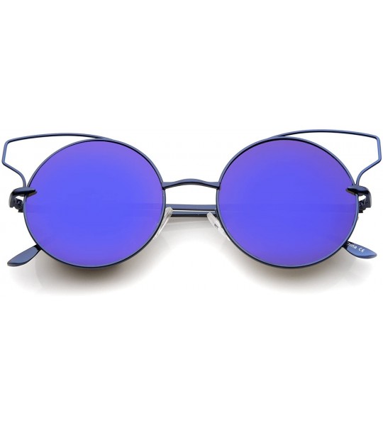 Cat Eye Women's Wire Open Metal Frame Color Mirror Lens Round Cat Eye Sunglasses 52mm - Blue / Blue Mirror - C212JP6GQ6D $21.98