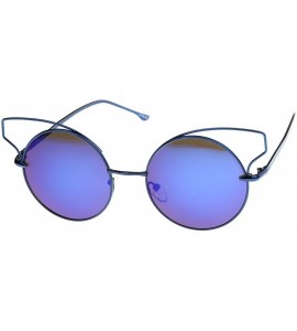 Cat Eye Women's Wire Open Metal Frame Color Mirror Lens Round Cat Eye Sunglasses 52mm - Blue / Blue Mirror - C212JP6GQ6D $21.98