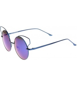 Cat Eye Women's Wire Open Metal Frame Color Mirror Lens Round Cat Eye Sunglasses 52mm - Blue / Blue Mirror - C212JP6GQ6D $21.98