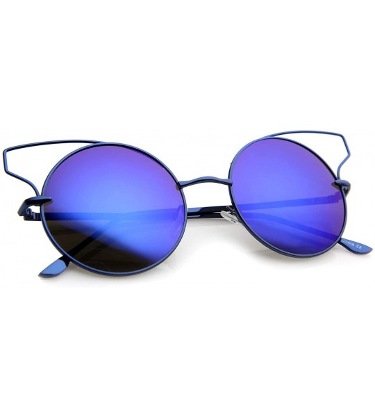 Cat Eye Women's Wire Open Metal Frame Color Mirror Lens Round Cat Eye Sunglasses 52mm - Blue / Blue Mirror - C212JP6GQ6D $21.98