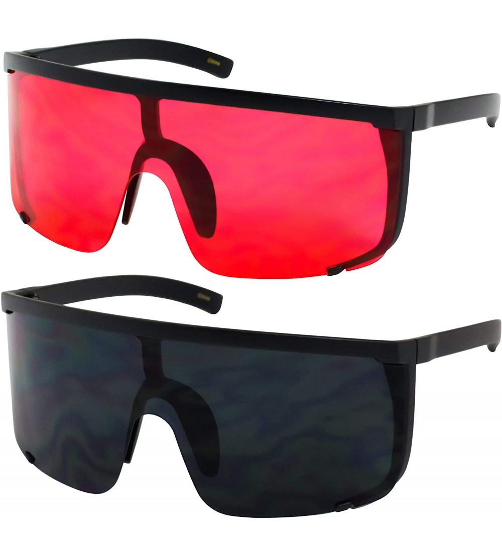 Sport Unisex Oversized Super Shield Mirrored Lens Sunglasses Retro Flat Top Matte Black Frame - Red and Black - CG18Q8Y5SZX $...