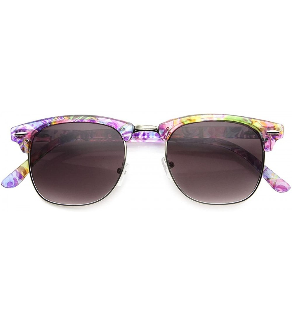 Square Women's Floral Pattern Square Half-Frame Horn Rimmed Sunglasses - Purple-yellow / Lavender - CY121S5Z4ZX $19.99