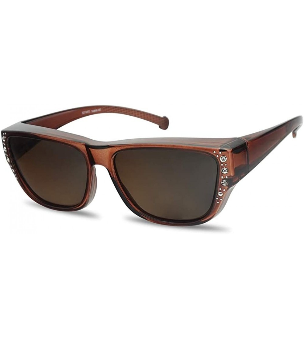 Oversized Women's Square Polarized Fit Over Wear Overs Dark Tinted Sunglasses with Rhinestones - Brown Frame - Brown - CO18Q7...