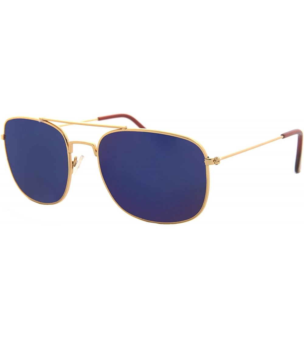 Rectangular Unisex Sunglasses Classic Metal Rectangular Frame Mirrored Aviator - Gold Metal Frame/ Mirrored Blue Lens - CC18L...