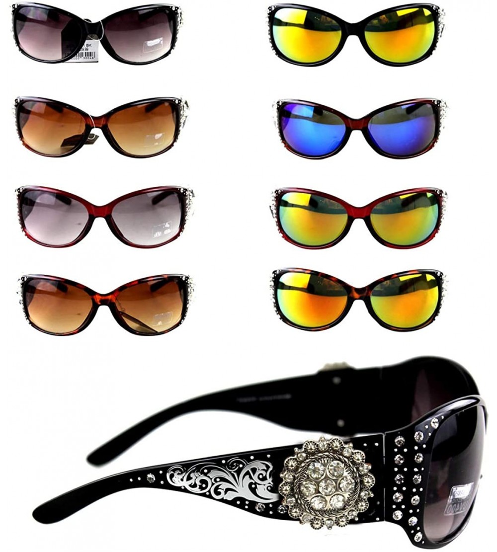 Rectangular Ladies Sunglasses Silver Design Scrollwork Rhinestones Floral Concho UV 400 - Black Frame/Color Lense - C112GZ9CJ...