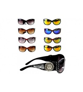 Rectangular Ladies Sunglasses Silver Design Scrollwork Rhinestones Floral Concho UV 400 - Black Frame/Color Lense - C112GZ9CJ...