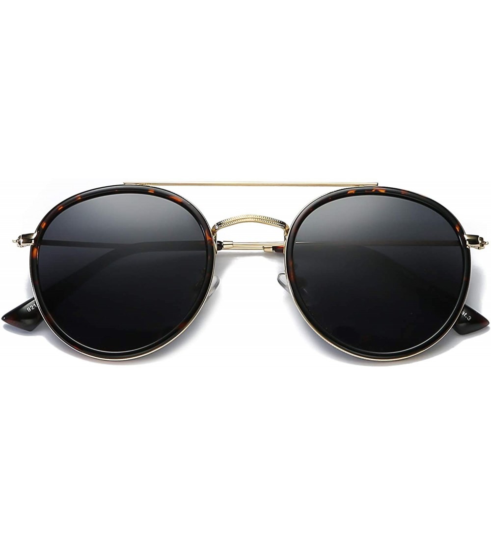 Round Small Round Double Bridge Sunglasses For Women Men Polarized 100% UV Protection - Gold Leopard Frame/Grey Lens - CQ18XU...