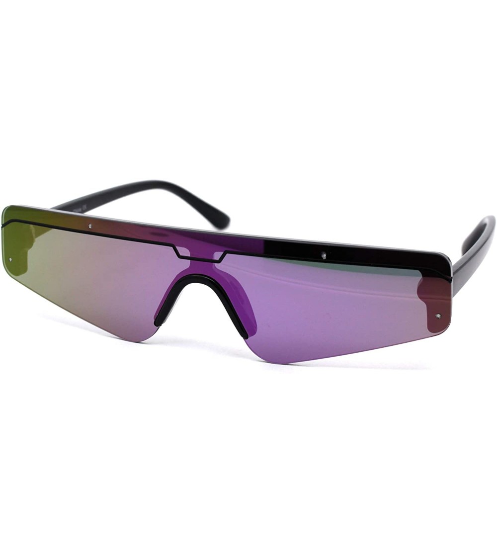Rectangular Retro Futurism Flat Top Narrow Shield Plastic Sunglasses - Black Purple Mirror - CX18X56NIWA $23.48