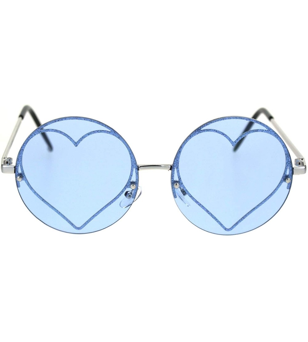 Rimless Glitter Heart Inner Frame Exposed Lens Hippie Circle Round Sunglasses - Silver Blue - CN18R45ZIW4 $23.40