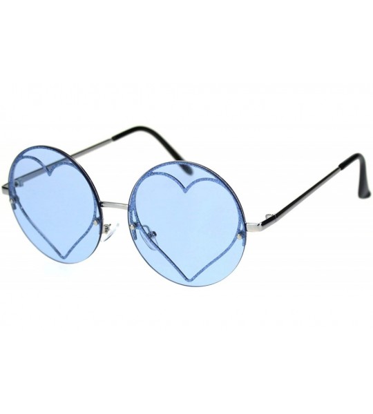 Rimless Glitter Heart Inner Frame Exposed Lens Hippie Circle Round Sunglasses - Silver Blue - CN18R45ZIW4 $23.40