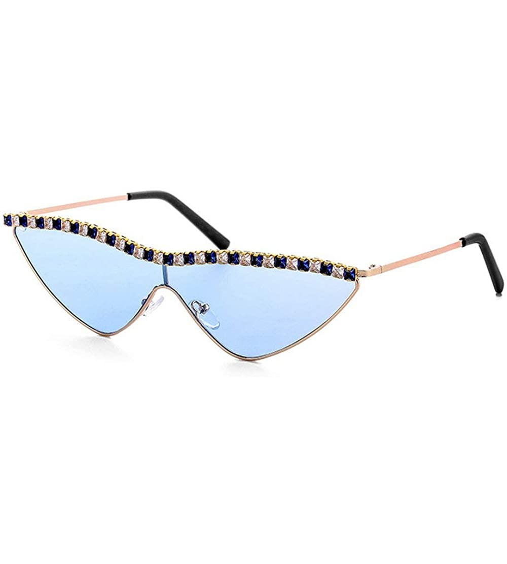 Shield One-piece Diamond Cat Sunglasses Women Small Shield Fashion Novelty Club Party Sunglasses - Blue - C4194L75LI9 $28.23