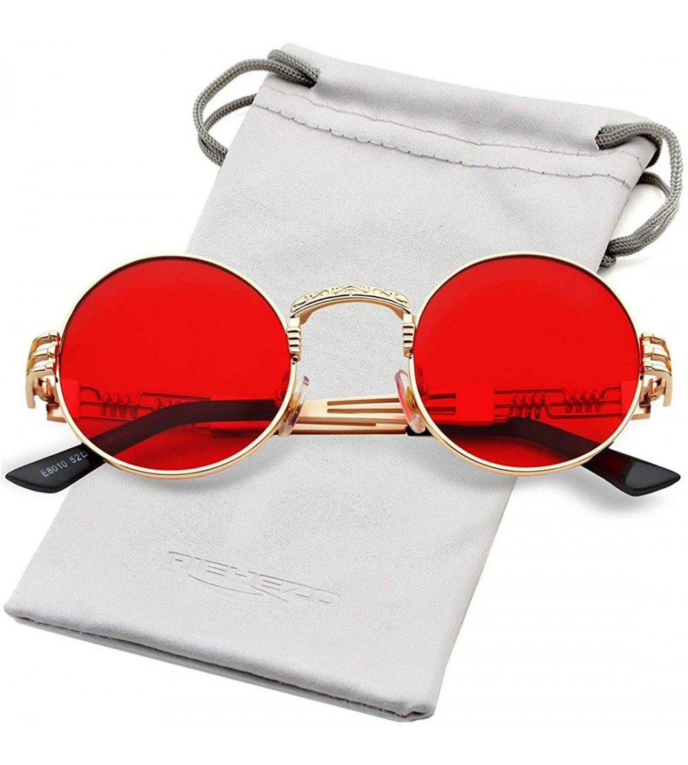 Square Round Steampunk Sunglasses John Lennon Hippie Glasses Metal Frame 100% UV Blocking Lens - A1 Gold/Ocean Red - C318S3G2...