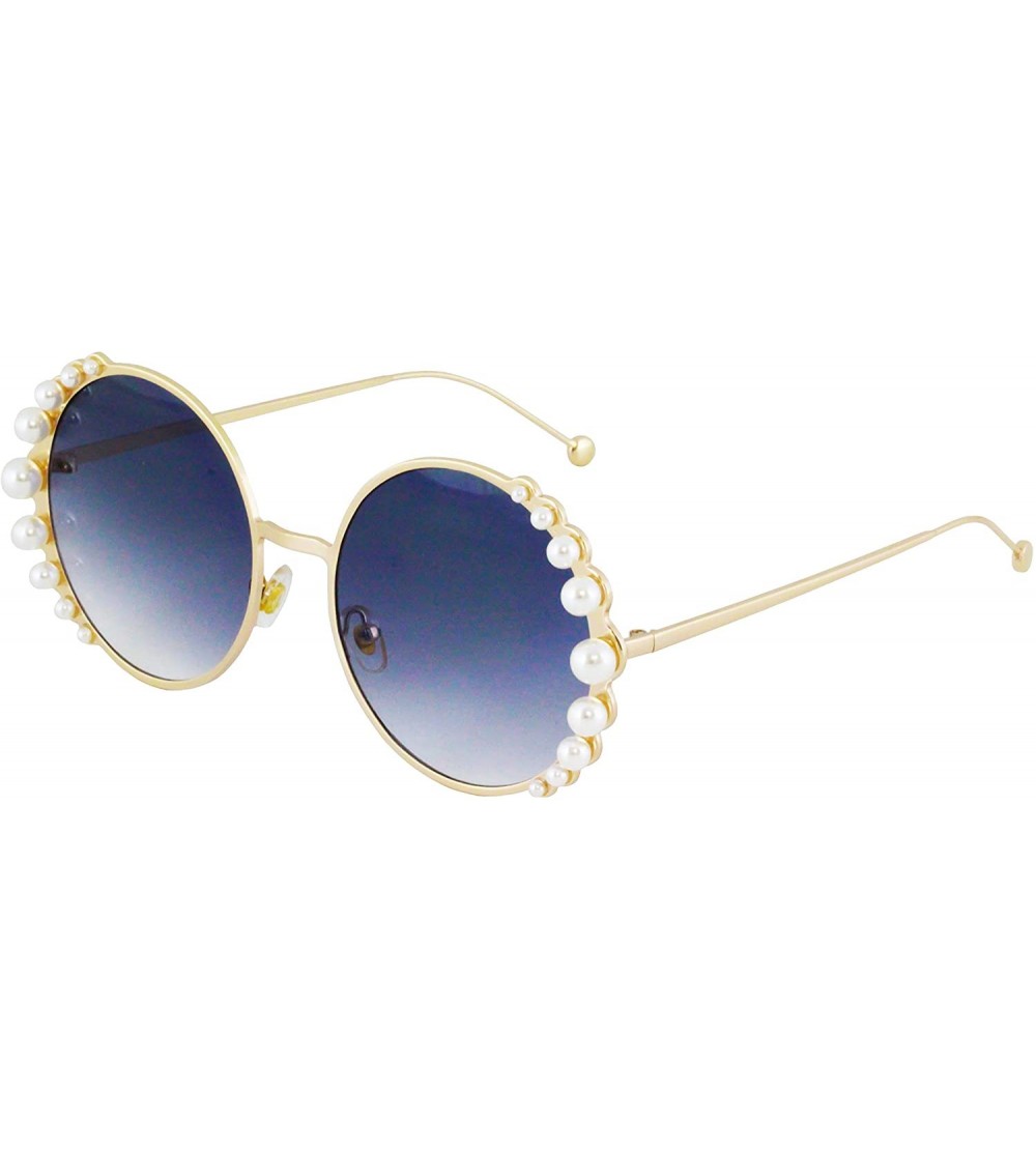 Shield Fashion Round Pearl Decor Metal Frame Women's Sunglasses UV Protection - Black - CD18TK0O2XL $20.74