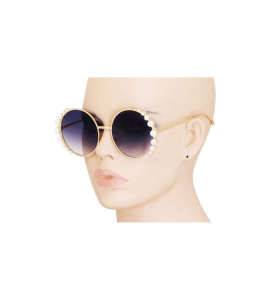 Shield Fashion Round Pearl Decor Metal Frame Women's Sunglasses UV Protection - Black - CD18TK0O2XL $20.74