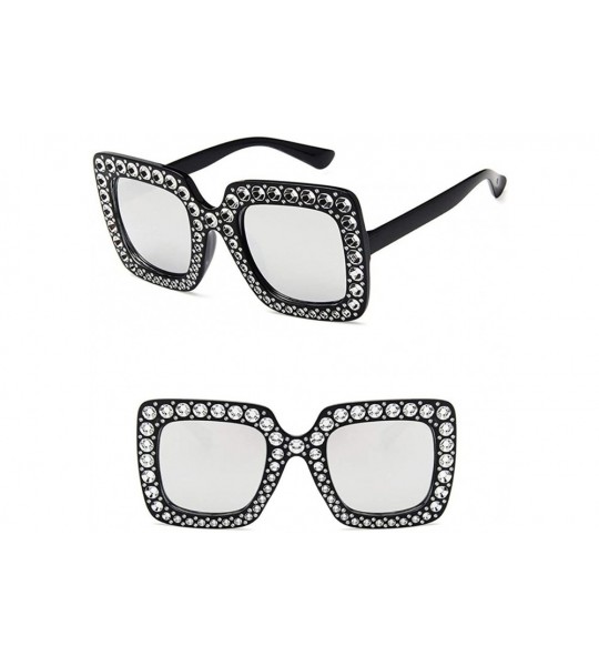 Square Women Fashion Square Frame Rhinestone Decor Sunglasses - Black Silver - CN1900YHK75 $35.85