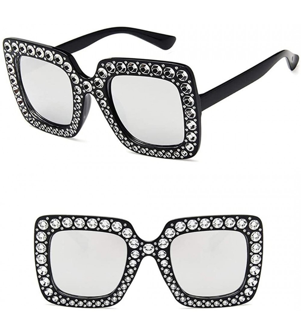 Square Women Fashion Square Frame Rhinestone Decor Sunglasses - Black Silver - CN1900YHK75 $35.85