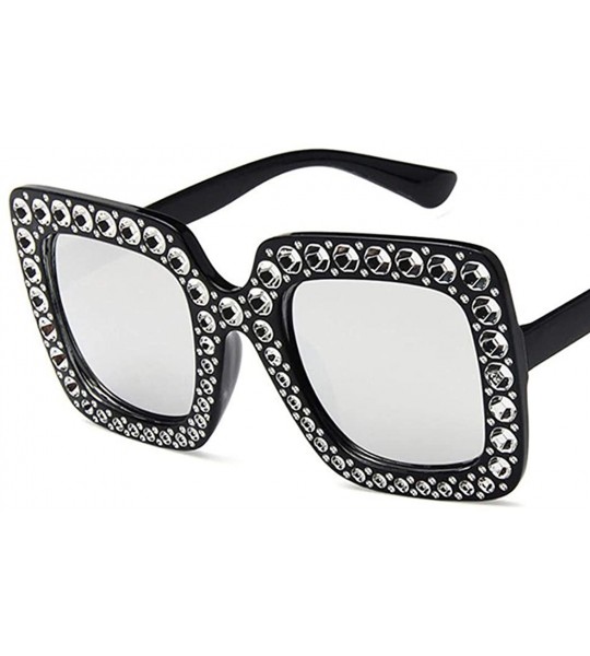 Square Women Fashion Square Frame Rhinestone Decor Sunglasses - Black Silver - CN1900YHK75 $35.85