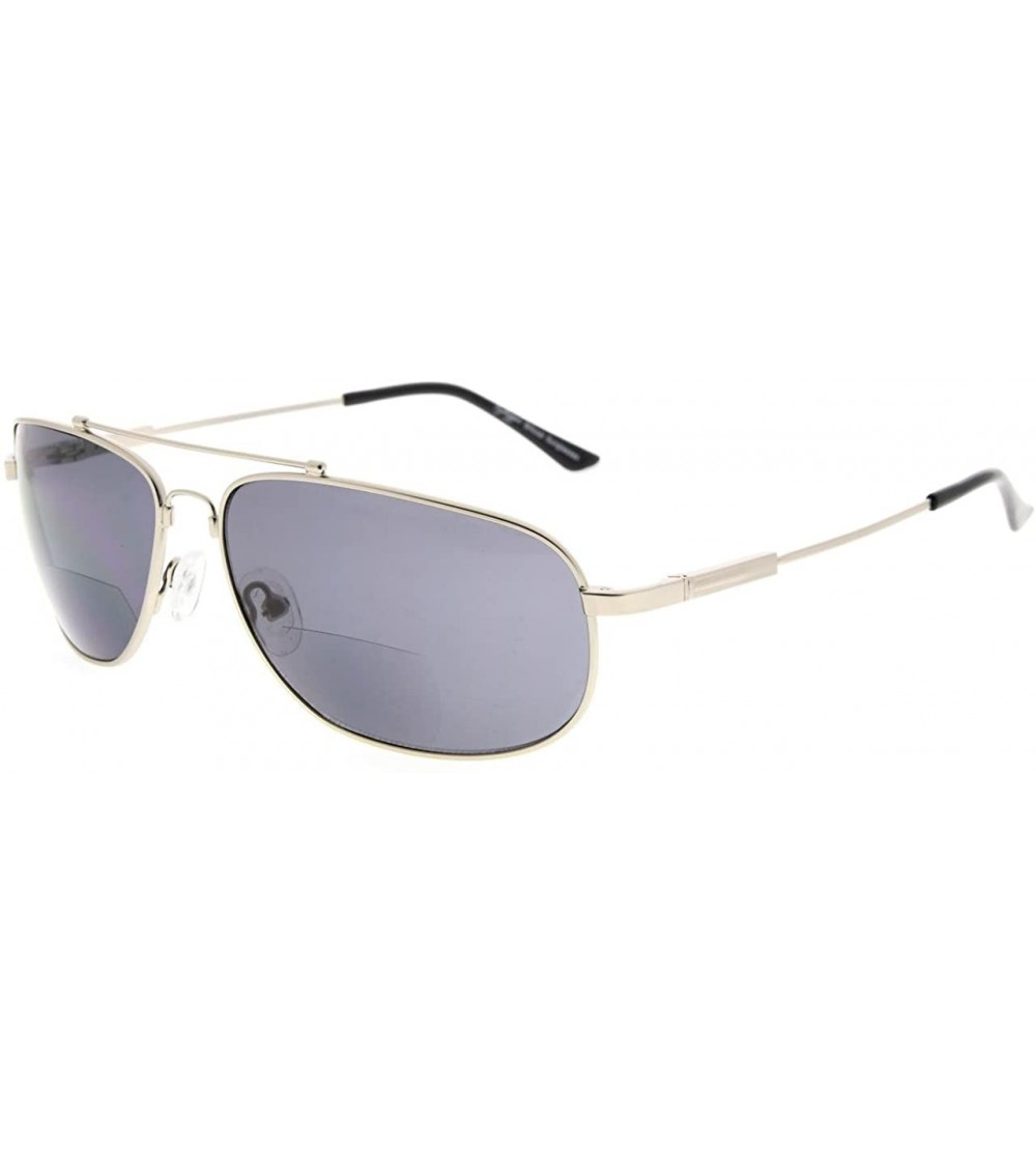 Rectangular Bifocal Reading Sunglasses Bendable Memory Sunshine Readers Women Men - Silver Frame Grey Lens - CI18035NAQ6 $45.23