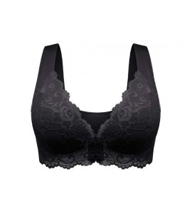 Sport Sports Bras - Women's Adjustable Sports Front Closure Extra-Elastic Breathable Lace Trim Bra - Black - CP18Y8NR8LQ $34.08