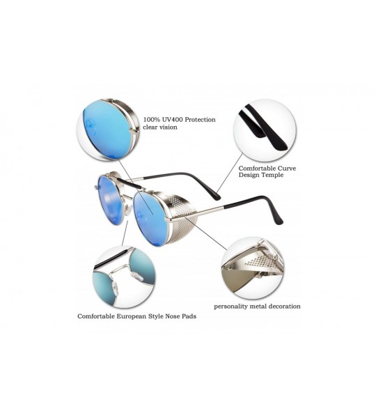 Round Steam Punk Sunglasses for Men Women Side Shield Round Steampunk Vintage Glasses Shades B2518 - 03 Blue - CK18Y3QAQ0U $2...