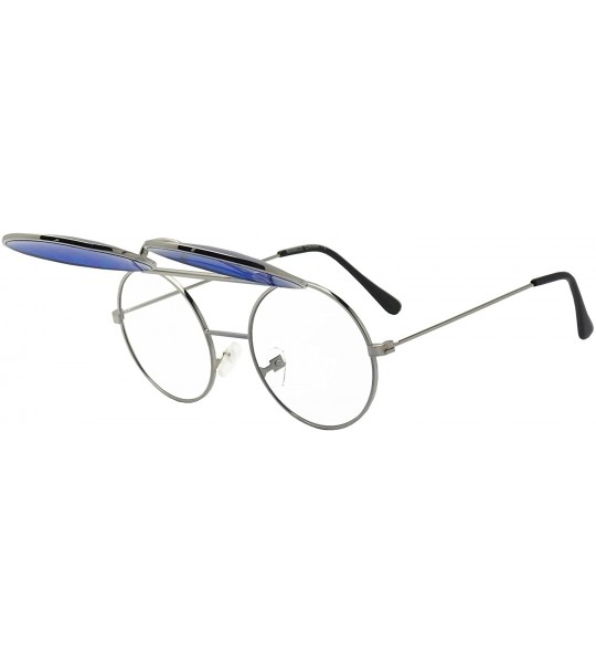 Oval Round Colored Flip-Up Django Inspired Clear lens Sunglasses - Silver / Blue Lens - CV17YZWZM75 $24.56