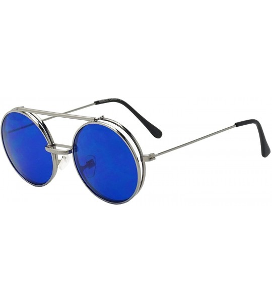 Oval Round Colored Flip-Up Django Inspired Clear lens Sunglasses - Silver / Blue Lens - CV17YZWZM75 $24.56