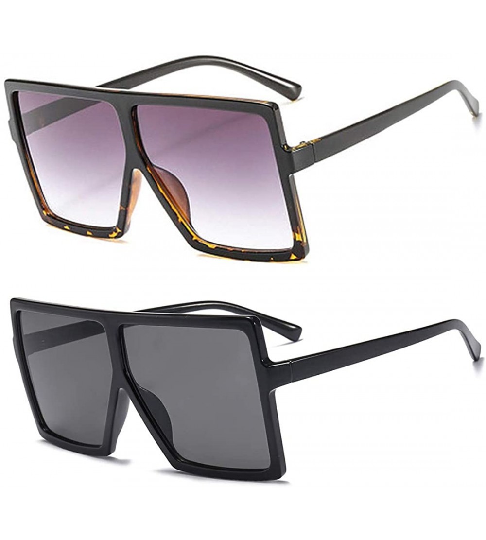 Shield Square Oversized Sunglasses for Women Men Fashion Big Black 70s Sunglasses Shades - E-2pcs-black + Leopard - CU190ED8S...