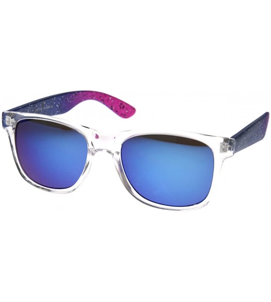 Wayfarer Splatter Plasma Neon Dual Color Raver Mirror Color Lens Horn Rimmed Sunglasses (Blue-Pink) - CO116MZ96KJ $18.12