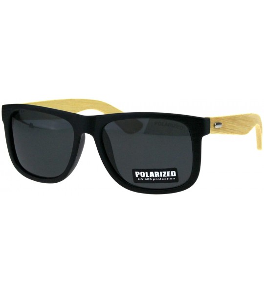 Square Real Bamboo Wood Temple Polarized Sunglasses Textured Square Frame - Black (Black) - CC18OA97AGT $23.90