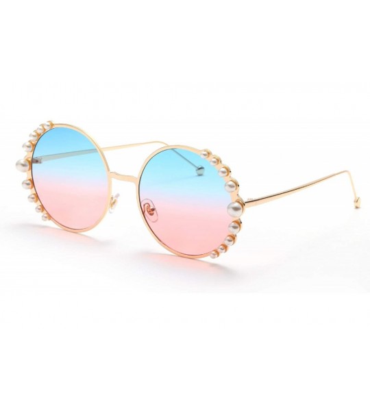 Round Vintage Round Pearl Decor Frame Gradient Sunglasses for Women UV400 Protection - Gold Frame Blue/Pink Lens - C418SINDST...