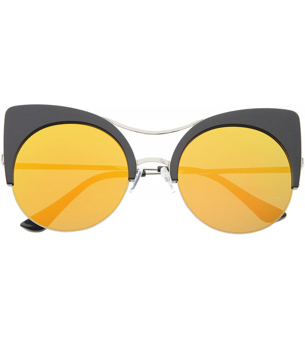 Rimless Womens Oversized Half Frame Semi-Rimless Flat Lens Round Cat Eye Sunglasses 51mm - Black-silver / Sun - C6128PMCS2J $...