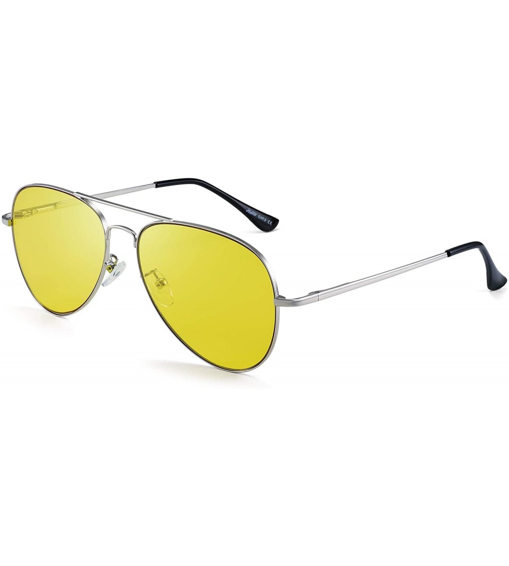 Aviator Aviator Sunglasses for Men Women Flat Lens Metal Frame with Spring Hinges UV400 Protection - Sliver/Tinted Yellow - C...