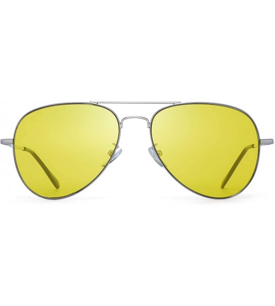 Aviator Aviator Sunglasses for Men Women Flat Lens Metal Frame with Spring Hinges UV400 Protection - Sliver/Tinted Yellow - C...