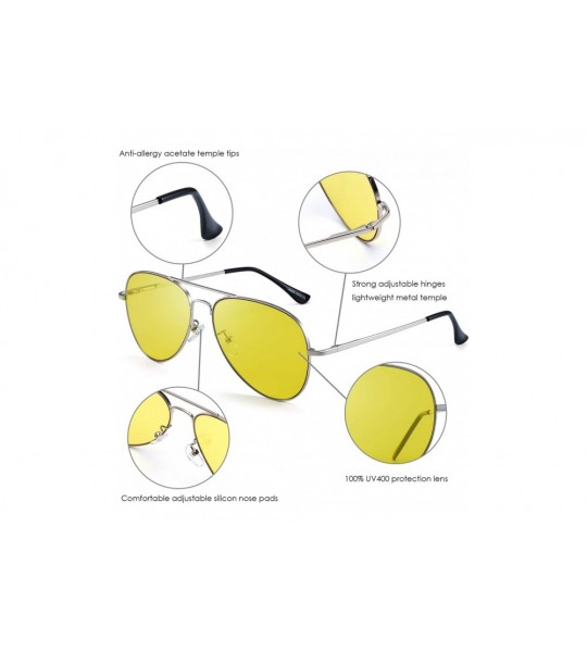 Aviator Aviator Sunglasses for Men Women Flat Lens Metal Frame with Spring Hinges UV400 Protection - Sliver/Tinted Yellow - C...