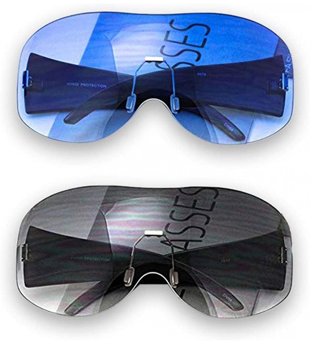 Shield Big Huge Oversize Glasses Rimless Shield Visor Aviator Sunglasses Mirror Oceanic Tinted Lens - Black and Blue - CR18OH...