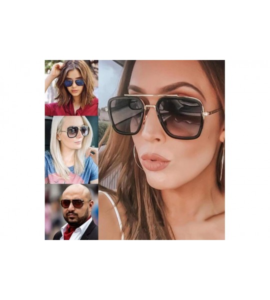 Aviator Vintage Square Sunglasses for Men Women Metal Frame Classic Iron Man Tony Stark Sun Glasses Gradient Flat Lens - CE18...