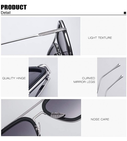 Aviator Vintage Square Sunglasses for Men Women Metal Frame Classic Iron Man Tony Stark Sun Glasses Gradient Flat Lens - CE18...