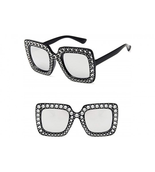 Square Women Square Frame Rhinestone Decor Sunglasses Sunglasses - Black Silver - CN199XR739M $34.33