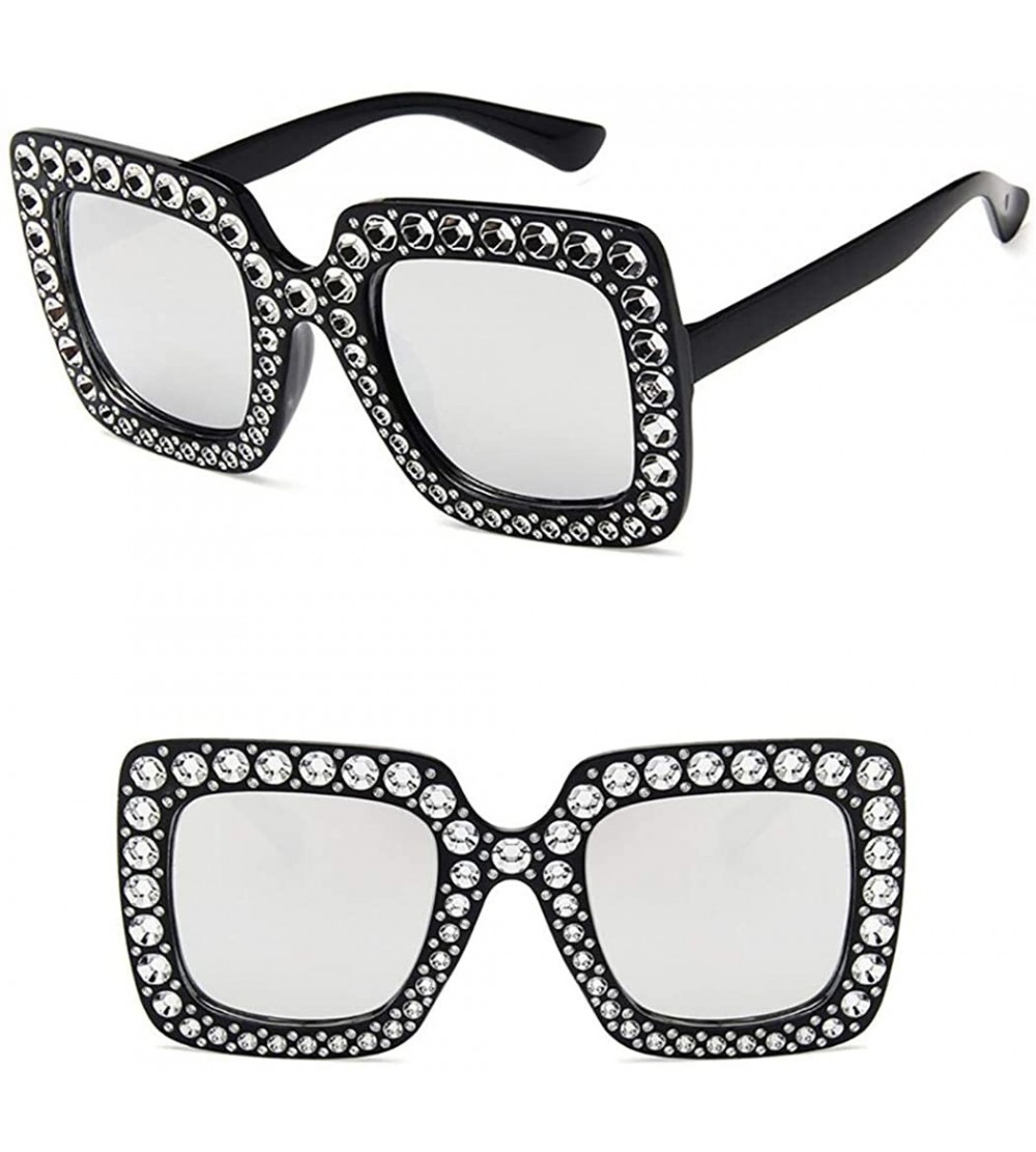 Square Women Square Frame Rhinestone Decor Sunglasses Sunglasses - Black Silver - CN199XR739M $34.33